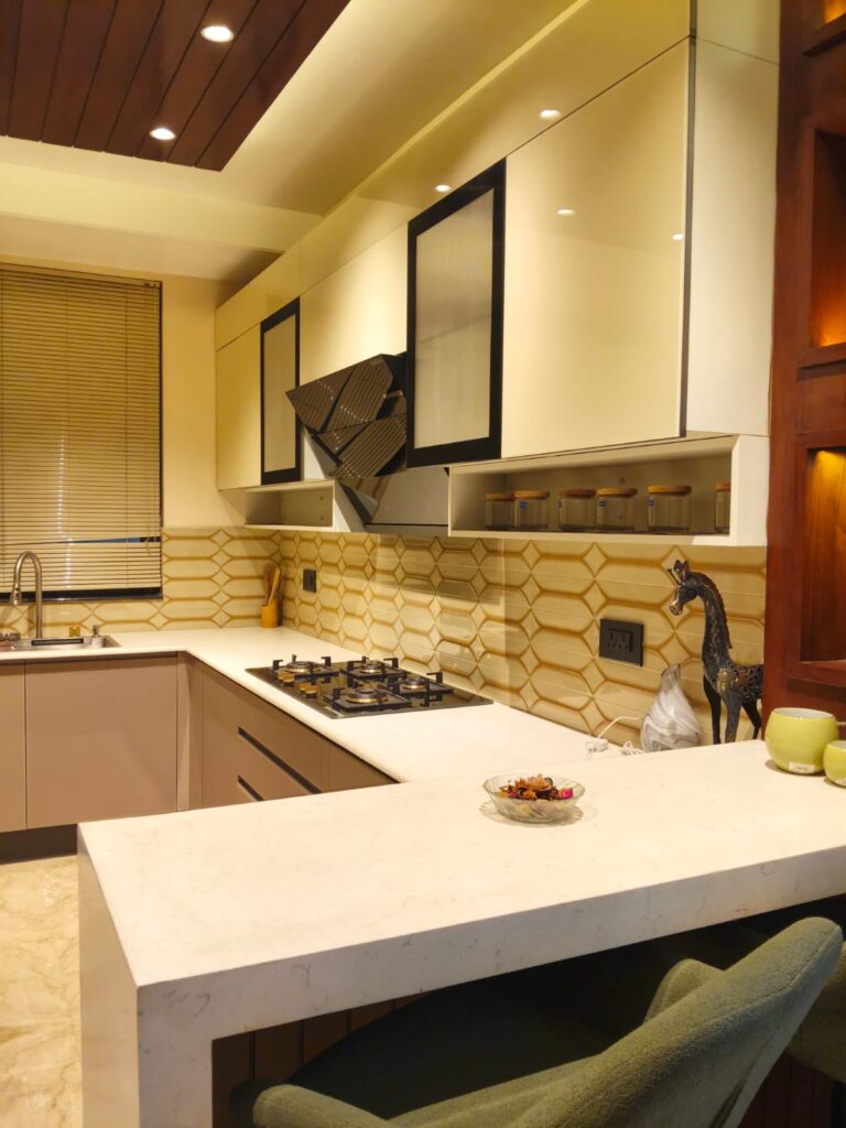 Contemporary modular kitchen interior with smart storage solutions and premium finishes